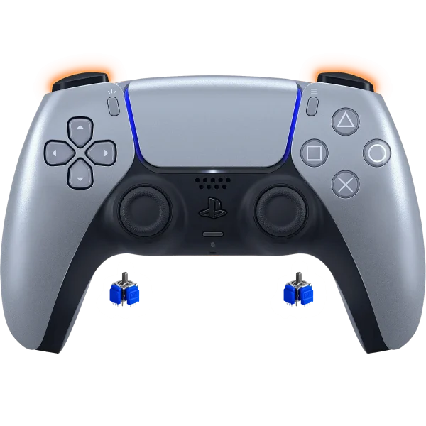 PS5 DualSense Sterling Silver mit TMR-Sticks und Smart Triggern (Mausklick), Vorderseite